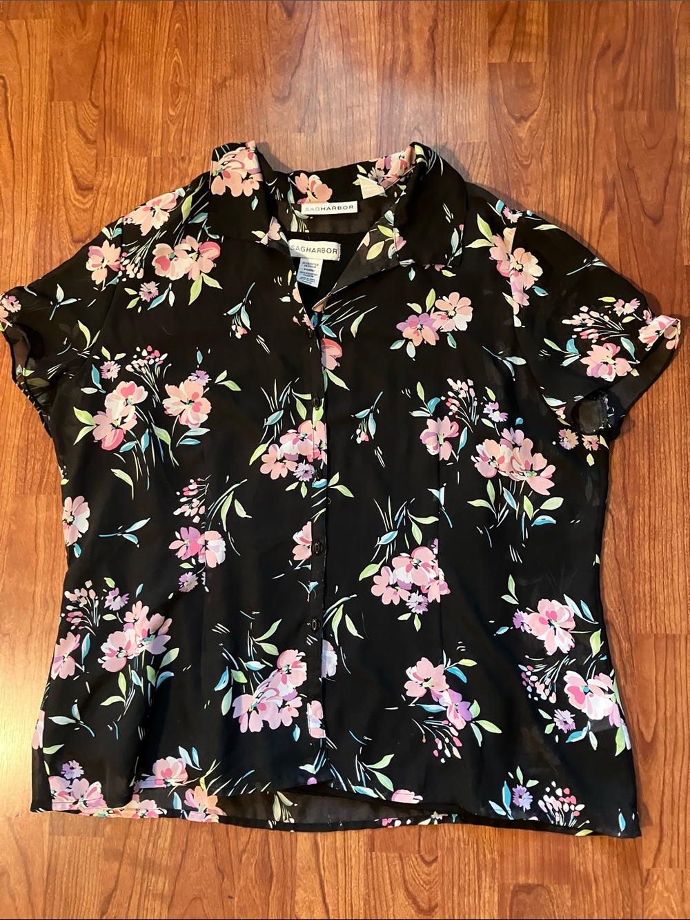 Sag Harbor Black Floral Button-Front Blouse with Pink Flowers w/ black tank top